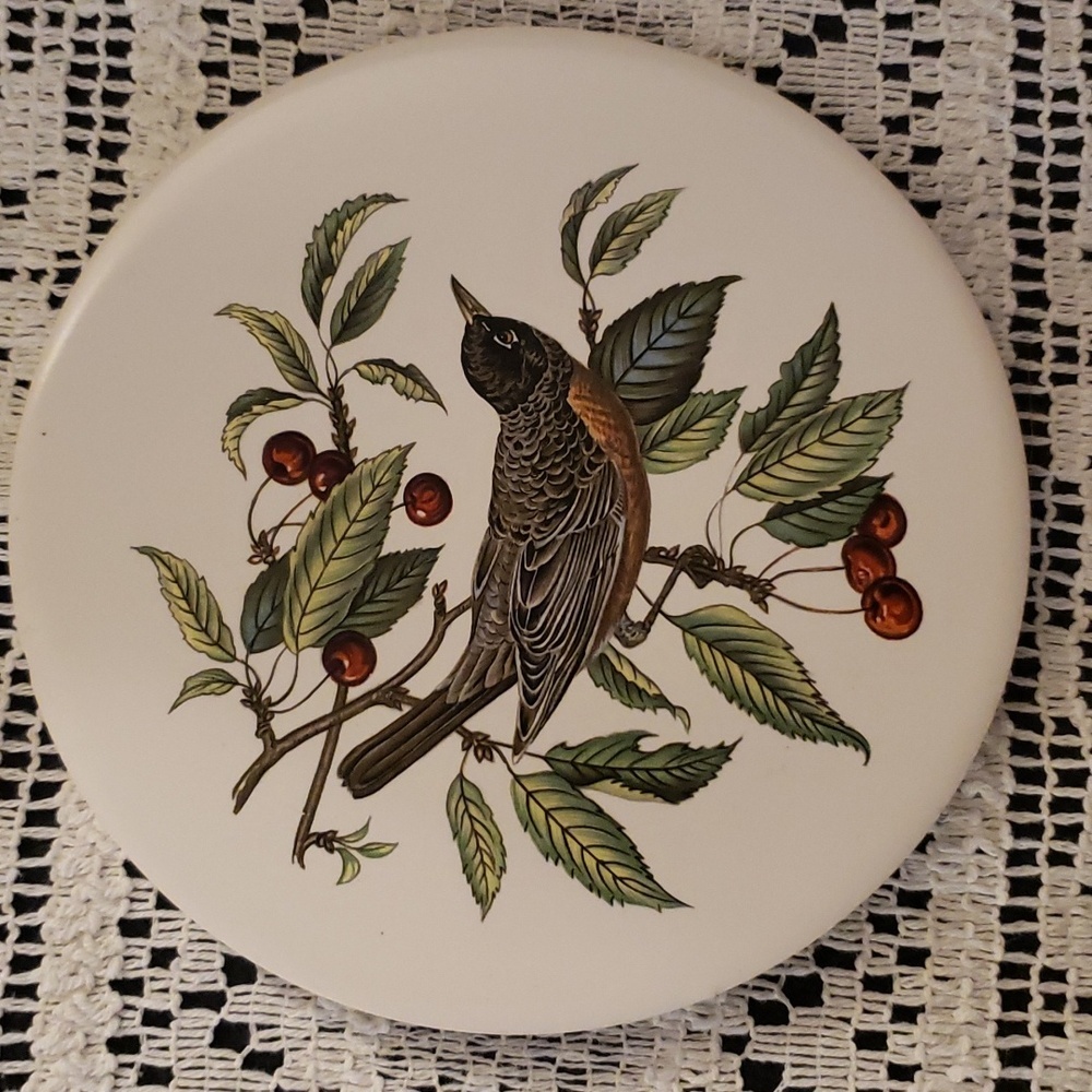 Vintage Hyalyn Trivet Wall Decor Murtlewood Robin Cherry Tree 6" Diameter